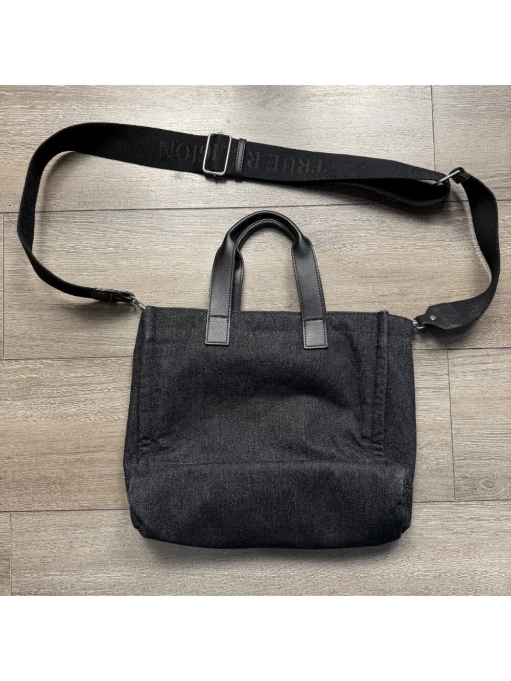 True Religion World Tour Buddha Denim Canvas Tote Crossbody Bag Handbag Black - Picture 2 of 7